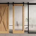 Modern Interior Sliding Barn Doors With Wooden X Pattern And Glass Stripes