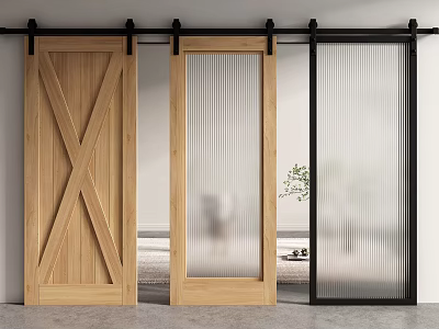 Modern Interior Sliding Barn Doors With Wooden X Pattern And Glass Stripes 3d model