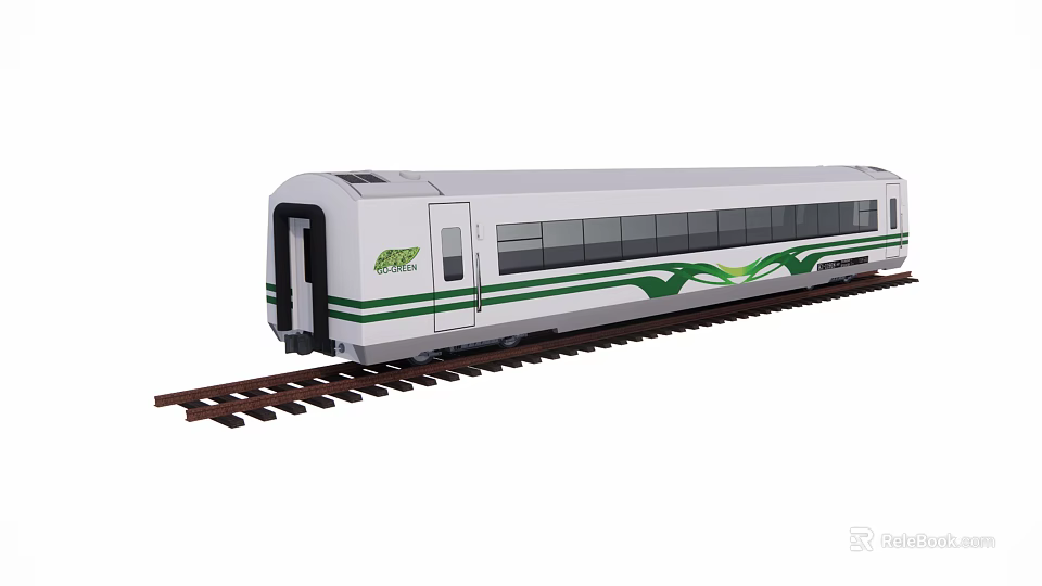 White Metro Train With Green Stripes And Wave Pattern On Rail Tracks 3d model 