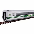 White Metro Train With Green Stripes And Wave Pattern On Rail Tracks