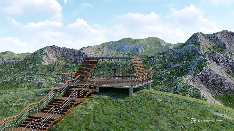 Mountain Road Facilities With Wooden Walkway Staircase And Scenic Viewing Platform 3d model 