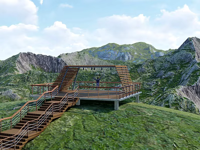 Mountain Road Facilities With Wooden Walkway Staircase And Scenic Viewing Platform 3d model
