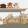 Stuffed Toys Display On Wooden Shelf With Storage Boxes And Various Plush Animals
