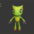 3D Friendly Green Creature Cartoon Character Design With Yellow Belly Red Paws Big Eyes Standing
