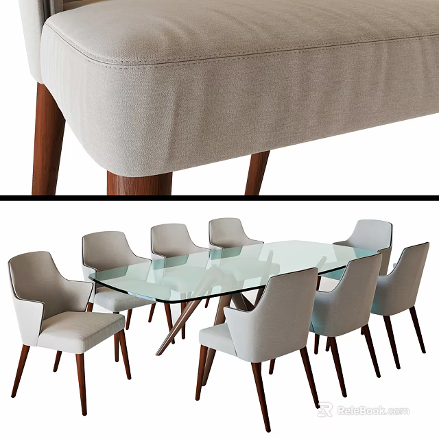 Modern Dining Table Set With Glass Top And Light Gray Fabric Chairs With Wooden Legs 3d model 