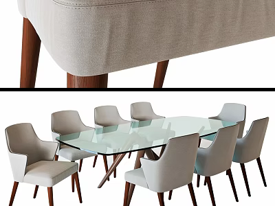 Modern Dining Table Set With Glass Top And Light Gray Fabric Chairs With Wooden Legs 3d model