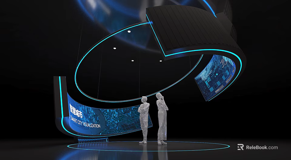 Modern Tech Exhibition Installation With Curved Structure Blue Lighting Screens And Silhouette Figures 3d model 