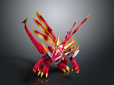Vibrant Red Dragon With Golden Spikes And Fiery Wings Mythical Creature Design 3d model