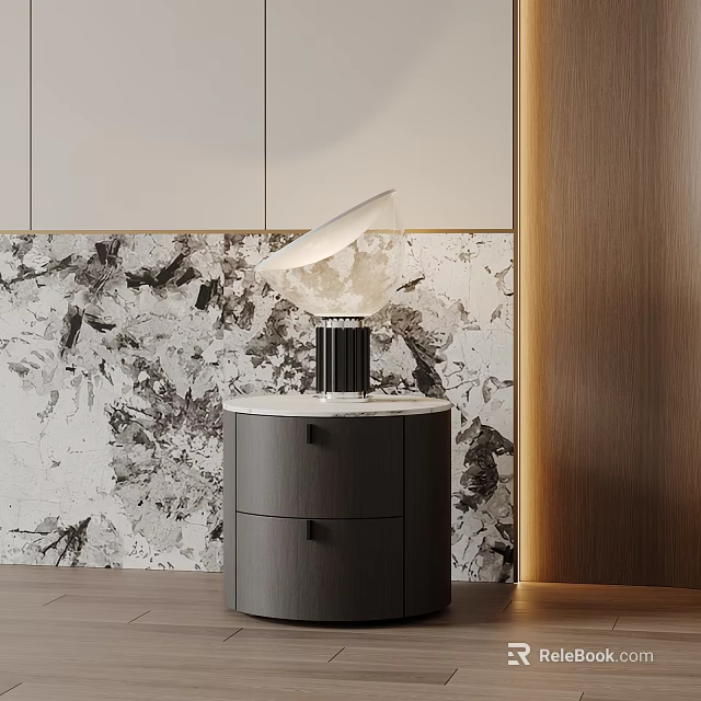 Modern Round Bedside Table With Drawers And Stylish Lamp On Marble Patterned Wall 3d model 