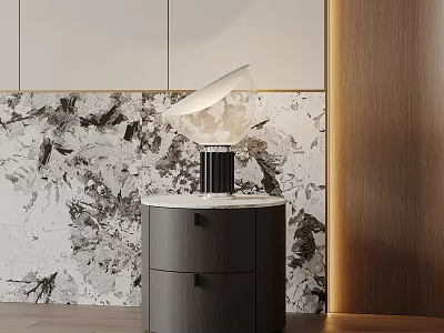 Modern Round Bedside Table With Drawers And Stylish Lamp On Marble Patterned Wall 3d model