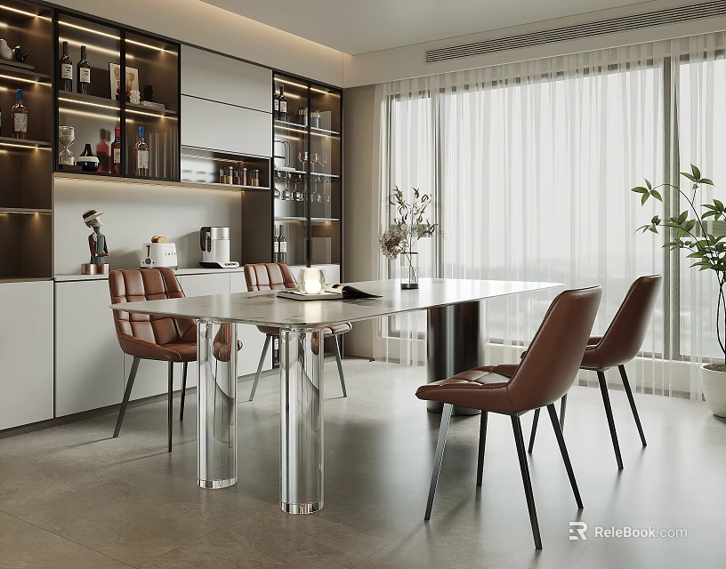 Modern Restaurant Interior Design With Dining Table Brown Leather Chairs And Wine Cabinets 3d model 