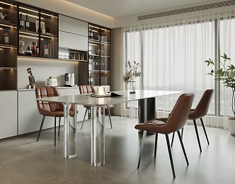 Modern Light Luxury Restaurant Marble Dining Table and Chair Combination Rock Plate Dining Table Strip Dining Table Leather Dining Chair Cabinet Wine Cabinet 3d model