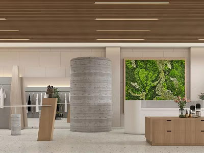 Modern Clothing Store Interior With Wooden Ceiling Concrete Pillar Green Plant Wall And Clothing Racks 3d model
