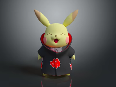 Cute Pikachu Character Wearing Black Robe With Red Cloud Patterns And Happy Expression 3d model