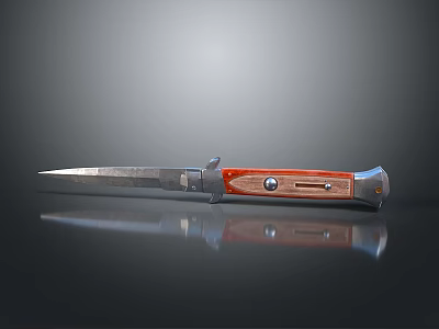 Folding Knife With Red Wooden Handle Sharp Metal Blade And Reflective Surface 3d model