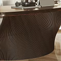 Modern Dark Curved Desk In Study Room With Wooden Bookshelf Books Decorations And Potted Plant