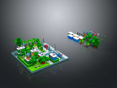 Detailed Miniature Landscape Model With Colorful Buildings Palm Trees And Green Vegetation 3d model