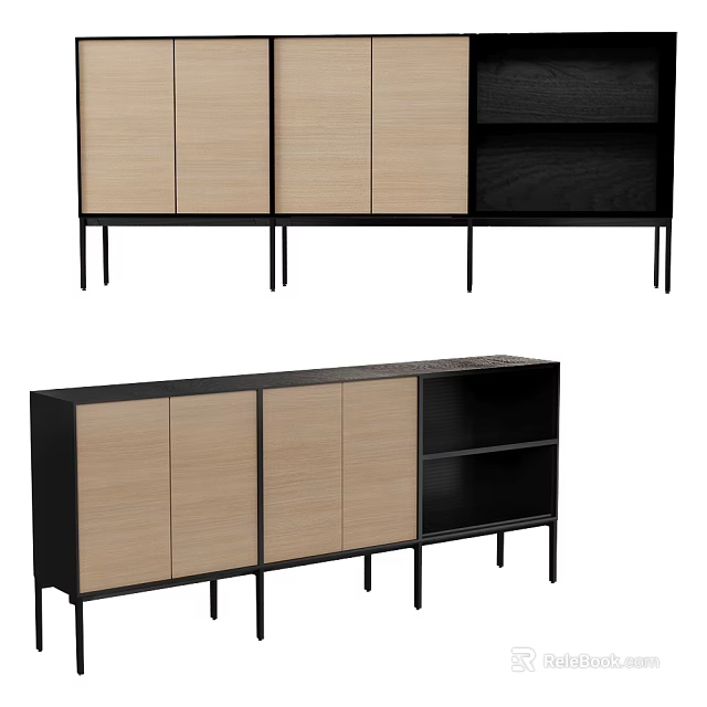 Modern Sideboard Design With Light Wood Panels Black Metal Legs And Open Shelves 3d model 