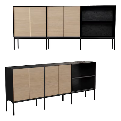 Modern Sideboard Design With Light Wood Panels Black Metal Legs And Open Shelves 3d model
