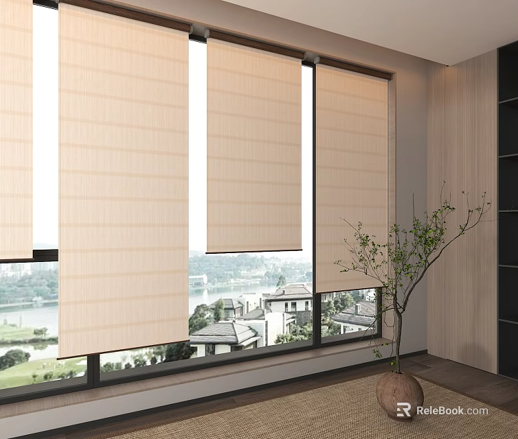 Roman Shades Installed On Large Windows In Room With Scenic View 3d model 