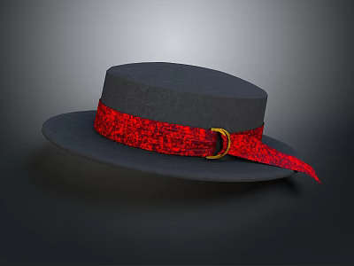Stylish Gray Fashion Hat With Red Ribbon And Gold Buckle Detail 3d model