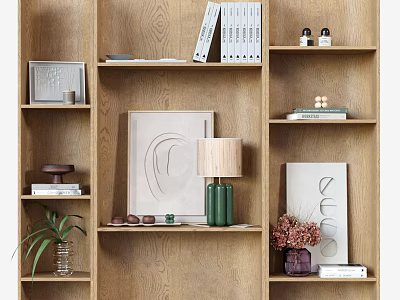 Modern Wooden Shelf Unit With Books Decorations Table Lamp And Green Plant 3d model