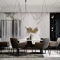 Modern Dining Table Set With Pendant Lights Marble Wall And Comfortable Chairs 3d model