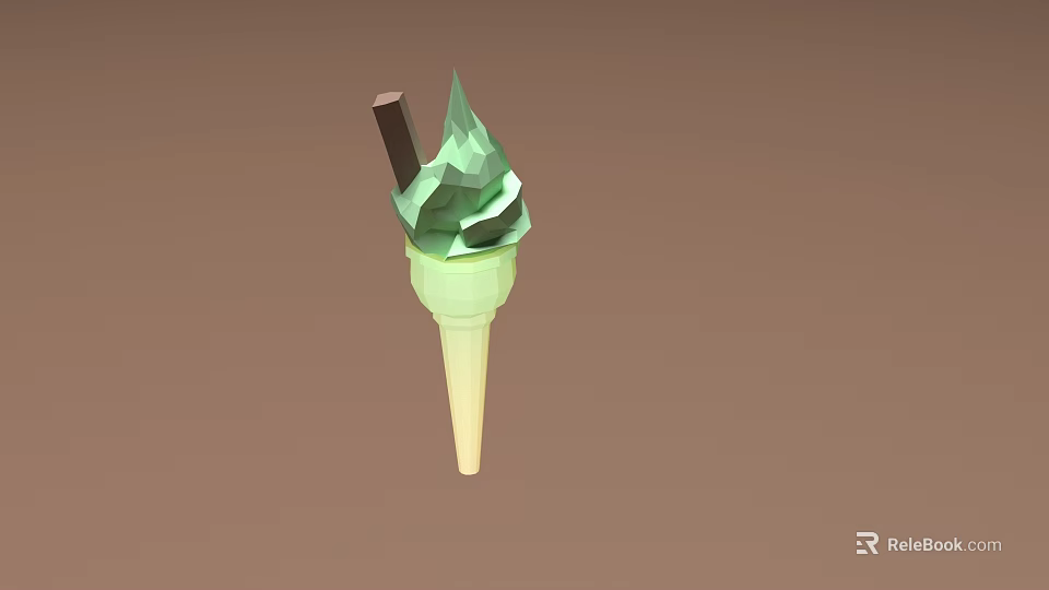 Fresh Delicious Green Ice Cream Scoop In Cone With Chocolate Stick 3d model 