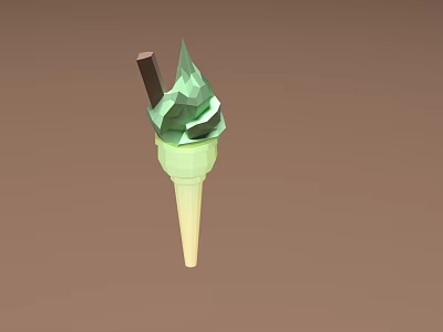 Fresh Delicious Green Ice Cream Scoop In Cone With Chocolate Stick 3d model