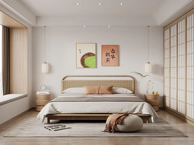 Japanese Minimalist Bedroom Interior Design With Wooden Bed Decorative Paintings Pendant Lights And Sliding Doors 3d model