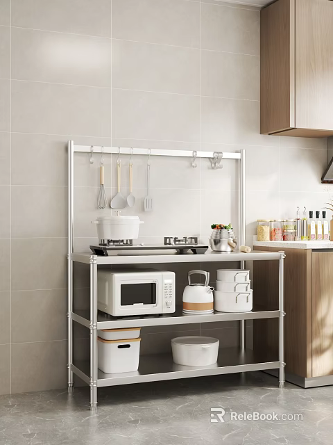 Wooden Kitchen Cabinets Featuring Metal Shelf Microwave Cooking Utensils And Storage Boxes 3d model 