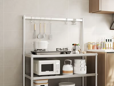 Wooden Kitchen Cabinets Featuring Metal Shelf Microwave Cooking Utensils And Storage Boxes 3d model