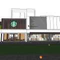Starbucks Store Exterior With Wooden Facade Green Logo Trees And Grass Area