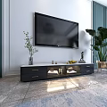 Modern Dark TV Stand with Marble Top Wall Mounted TV Green Plant and Decorative Figurine