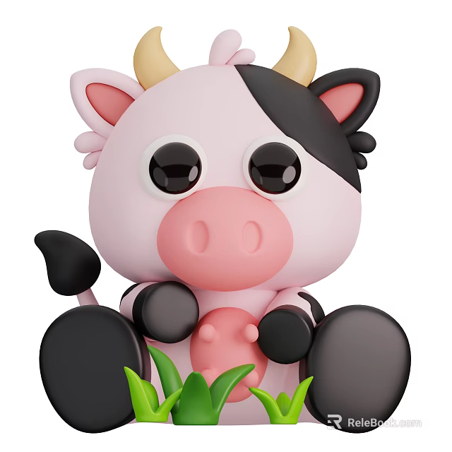 Cute Pink And Black Cartoon Cow Character Sitting On Green Grass With Big Eyes 3d model 