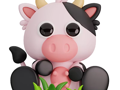 Cute Pink And Black Cartoon Cow Character Sitting On Green Grass With Big Eyes 3d model