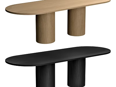 Modern Dining Tables with Oval Tabletop and Cylindrical Textured Legs in Light Wood and Black 3d model