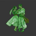 Couple In Traditional Folk Costumes With Red Accents Dancing On Gray Background