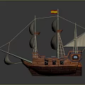 Wooden Sailing Ship Model With Red Cross Sails And Decorative Flag