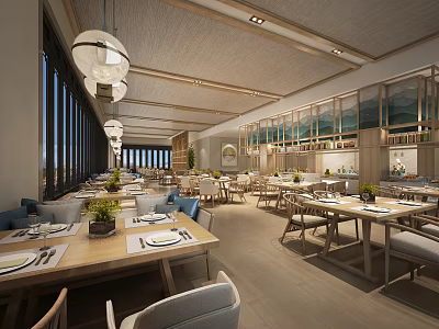 Bright Restaurant Dining Area With Wooden Tables Pendant Lights Large Windows And Green Decor 3d model