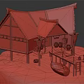 Old Wooden Cottage Model With Mossy Roof Wooden Dock And Small Boat On Stone Base