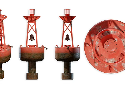 Industrial Equipment Red Buoys With Bells And Circular Wheel Components Rustic Finish 3d model