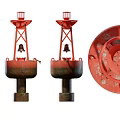 Industrial Equipment Red Buoys With Bells And Circular Wheel Components Rustic Finish