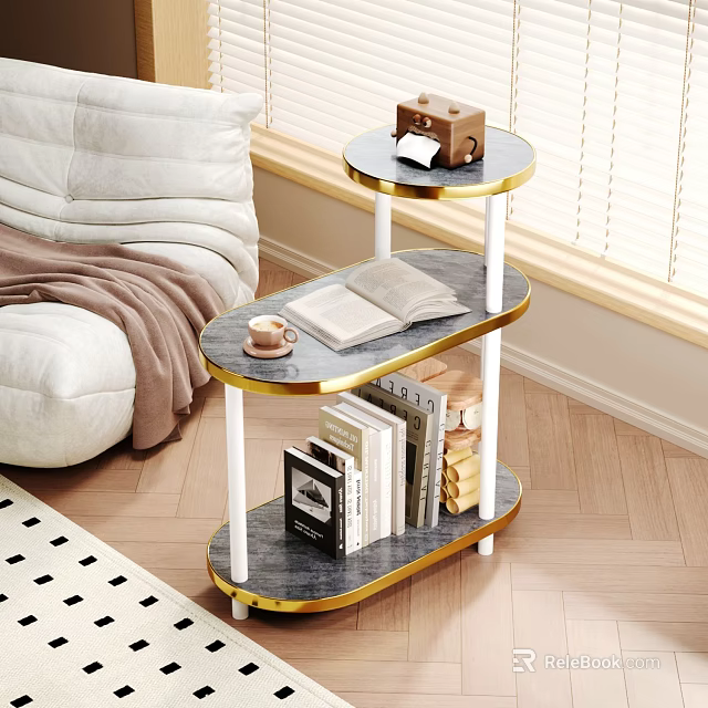 Three Tier Modern Side Table with Marble Top Gold Frame White Legs Living Room Storage 3d model 