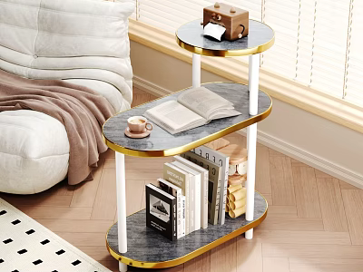 Three Tier Modern Side Table with Marble Top Gold Frame White Legs Living Room Storage 3d model