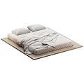 Minimalist Double Bed With Wooden Platform Frame Light Gray Mattress Pillows And Blanket
