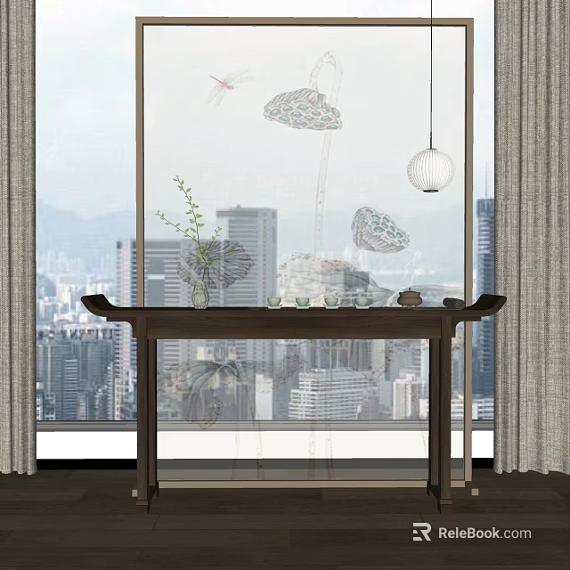 Elegant Console Table By Window With City View Green Plant Tea Set And Hanging Lamps 3d model 
