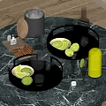 Refreshing Beverages with Bottles Glasses Lemon Slices Ice Cubes and Trays on Marble Table