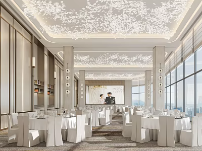 Bright Modern Banquet Hall With White Tables Chairs Large Windows And Snowflake Ceiling Decor 3d model