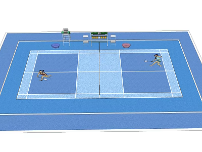 Two Players Playing Badminton On Blue Court With Net Boundary Lines And Scoreboard 3d model